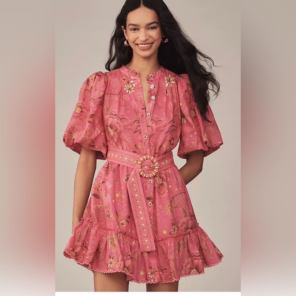 FARM RIO x Anthropologie Women's Pink Floral Belted Puff-Sleeve Dress